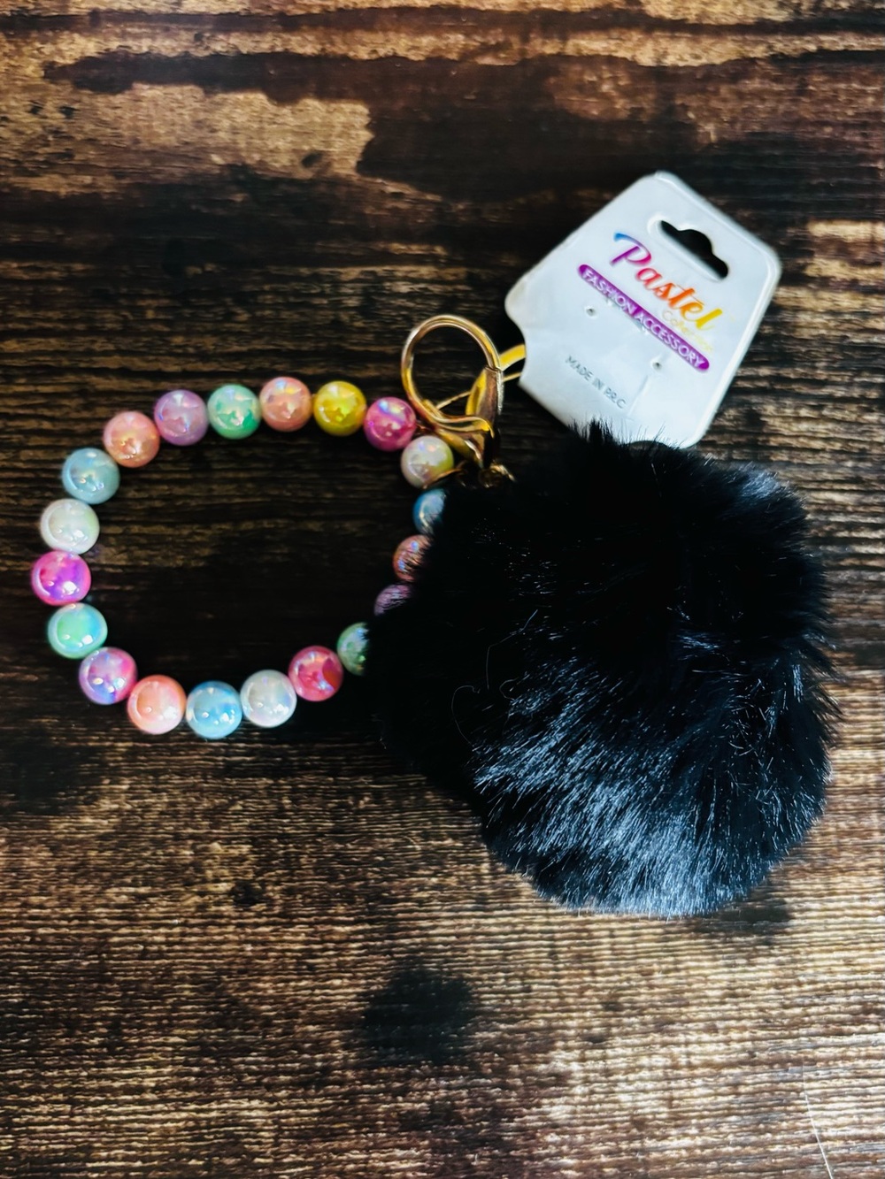 Pastels Black Pom Pom & Multicolor Beaded Bracelet Keychain